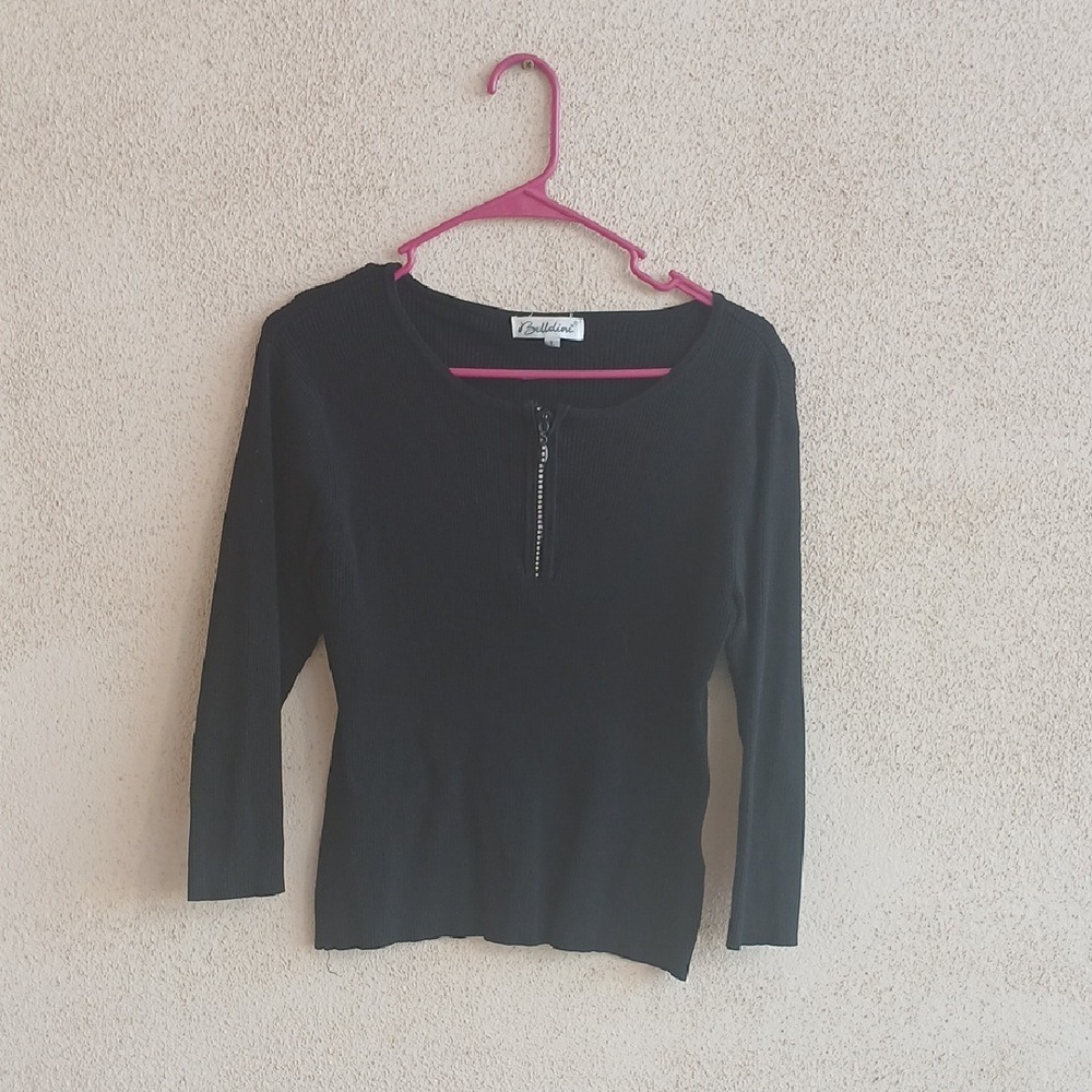 Belldini Black Fitted Ribbed 3/4 Sleeve Top